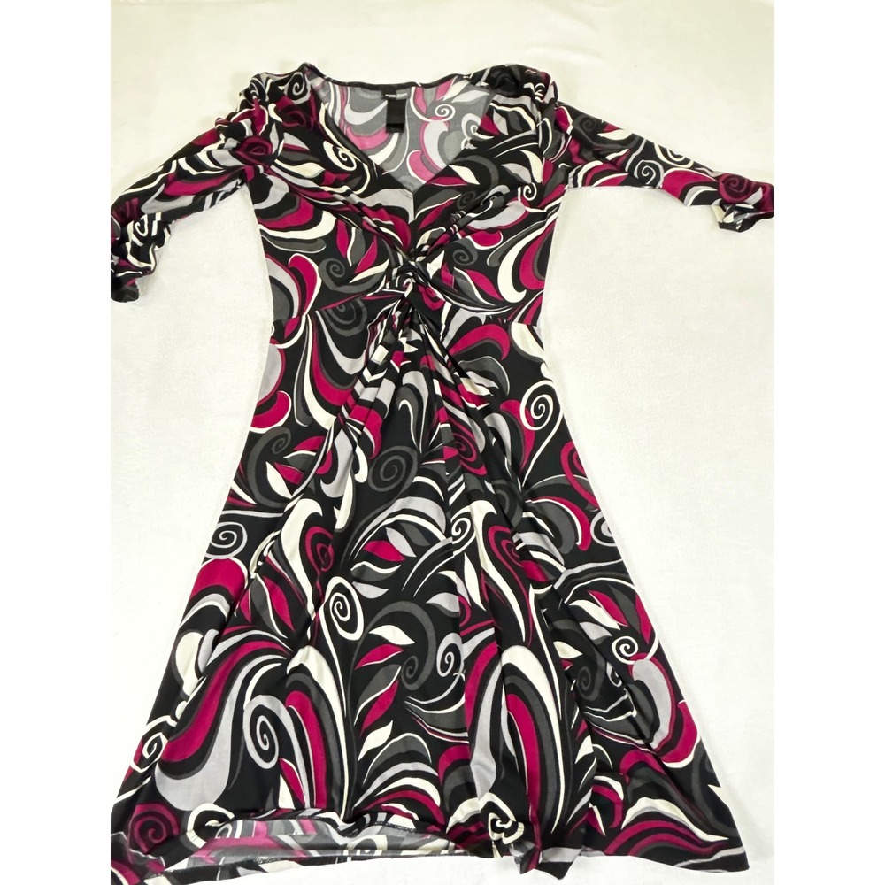 Bisou Bisou‎ Michele Bohbot Womens Pink Black Swirl Twist Front V-Neck Dress 10